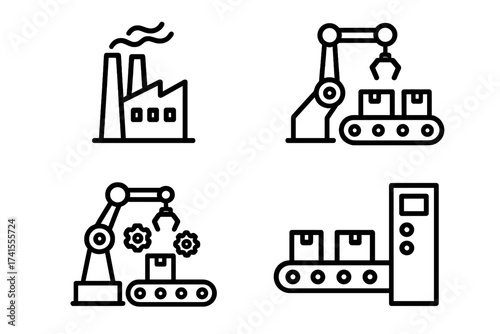Manufacturing icon vector set. Factory and industry production with automated assembly lines. Robotic arm, conveyor belt, technology concept. Line art symbols illustration.