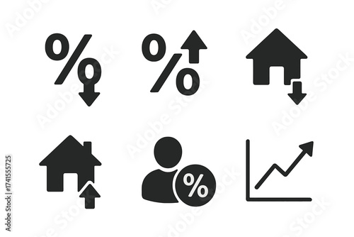 Interest rate icon set. Percentage up down arrow. Finance growth, decline symbol. Mortgage loan cost. House price increase, decrease. Economy banking pictogram. Solid vector.