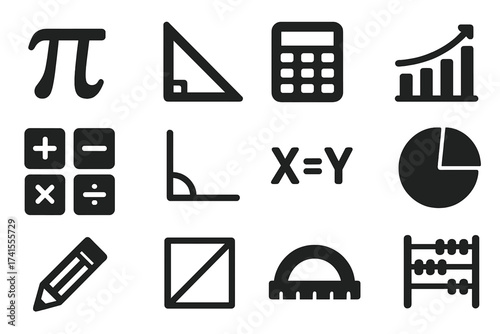 Mathematics solid glyph icon set. Collection of math symbols like pi, geometry, calculator, chart, graph, equation, and protractor. Education and science vector pictogram.