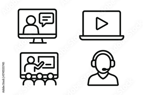 Webinar icon set for online education. Web seminar, e-learning and business training concept. Vector line icons for webcast, conference, presentation, communication and support.