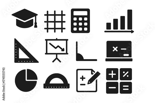 Mathematics solid icon set. Vector glyphs for math, geometry, statistics, and education. Includes calculator, chart, graph, angle, and calculation symbols. Science concept.