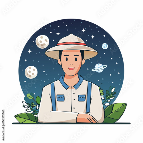 Farmer boy under starry night sky with transparent background