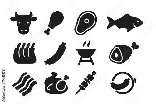 Meat and barbecue solid glyph icon set. Vector collection with beef, chicken, pork, fish, sausage, steak, ribs, and ham. Perfect for butcher shop or restaurant menu.