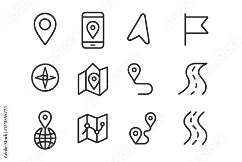 Map navigation line icon set. Location, direction, GPS, destination, route. Vector outline collection. Journey, travel, trip concepts. Pin, pointer, compass, flag, globe symbols.