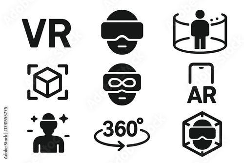 Virtual and augmented reality solid icon set. VR, AR, and metaverse glyph collection. Includes headset, 360-degree view, and immersive technology concept vectors.