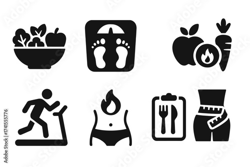 Weight loss glyph icon set. Diet, healthy eating, cardio, fat burning, meal plan, body measurement, exercise. Manage weight, calories. Fitness, health, nutrition symbols.
