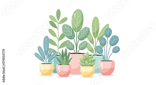 Vector assortment of potted plants with various leaf shapes displayed against a plain white setting view