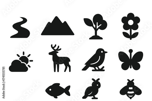 Nature icon set with river, mountain, plant, tree, flower, weather, deer, bird, butterfly, fish, and bee wildlife symbols. Solid black vector collection for eco and environment themes.