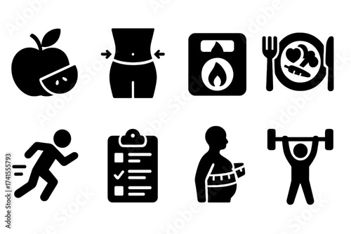 Weight loss icon set. Diet fitness. Healthy eating exercise. Calorie control fat burning. Manage weight. Body measurement meal plan. Cardio workout. Solid glyph pictograms.