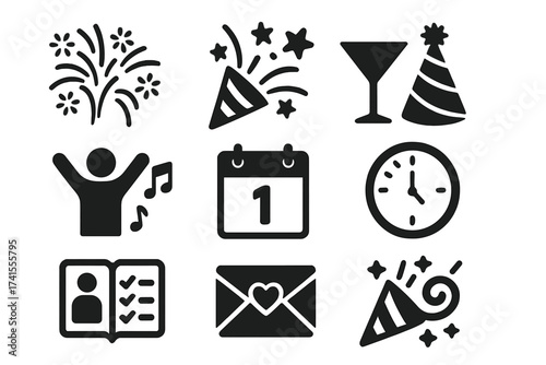 New Year celebration icons set featuring fireworks, party hats, dancing figures, countdown calendar, clock, love message envelope, and festive noisemakers for holiday and resolutions design