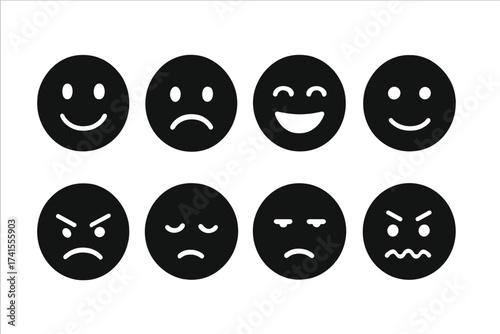 Mood icon set with happy, sad, and angry faces. Customer satisfaction and feedback emoticons. Vector illustration for mental health concepts and user experience design.