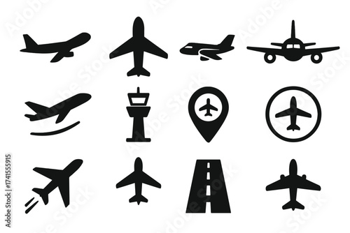 Plane and Aircraft Icon Collection. Airplane, Airport Symbols Vector Set with Transparent Background, Navigation, Flight, Runway and Control Tower Silhouettes for Travel and Aviation