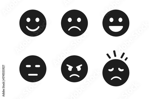 Mood icon set. Solid glyph collection of emoticons. Happy, sad, angry, calm, neutral and stressed faces. Customer feedback, satisfaction rating scale. Vector illustration.