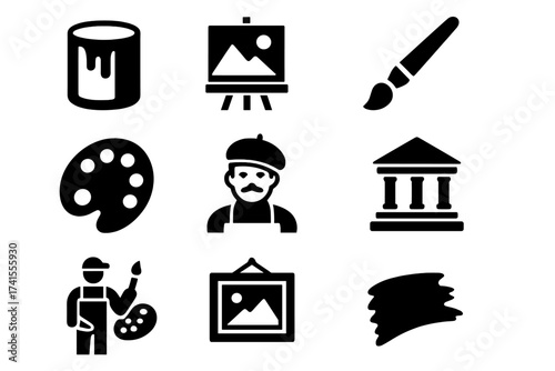 Painting icon set including paint can, artwork on easel, brush, artist with beret, painter with palette, museum building, art gallery frame, paint stroke, and more solid vector icons collection