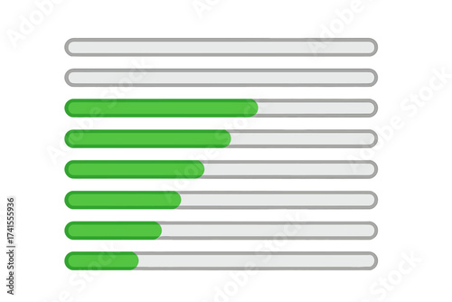 Percentage progress bar collection with green filling isolated on white background, vector illustration set of horizontal loading bars, transparent elements for UI design and infographics