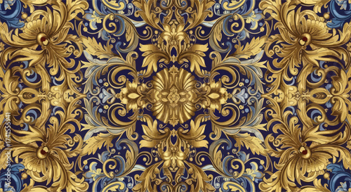 Ornate golden floral pattern with scrolling shapes against dark blue