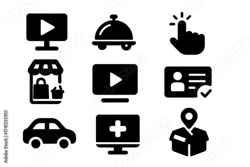 On-demand services solid icon set. Contains glyphs for food delivery, video streaming, telemedicine, car rental, online shopping, instant access, subscription, and package tracking.