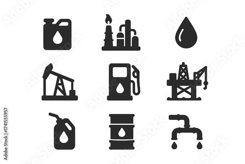 Oil and gas industry solid icon collection. Vector set includes fuel, refinery, petroleum, oil well, gas pump, offshore platform, lubricant, oil barrel, and energy symbols.