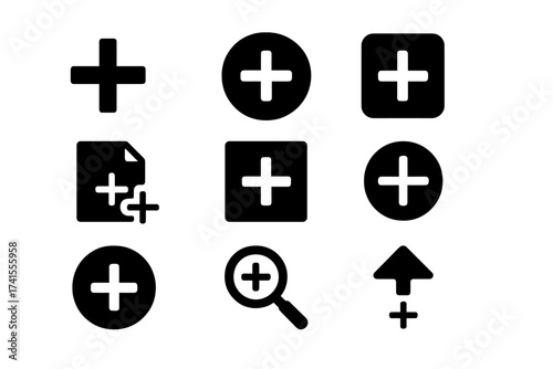 Plus Sign Icon Set with Add, More, New, Copy, Augmentation, Positive, Create, Zoom Symbols, Solid Vector Icons Collection for UI and Design