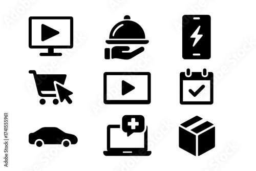 On-demand services solid glyph icon set. Contains streaming, food delivery, online shopping, e-commerce, car rental, telemedicine, booking, subscription, instant access icons.