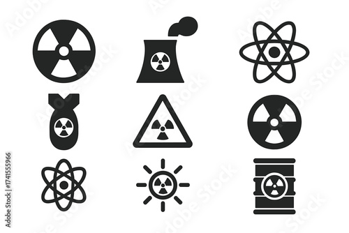 Nuclear icon set, solid vector icons. Atomic energy, power plant, radiation hazard concepts. Glyphs include radioactive symbol, atom, bomb, mushroom cloud, biohazard sign.