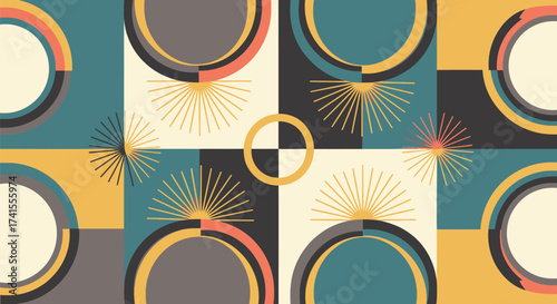 Abstract geometric pattern with circles, squares, and radiating lines