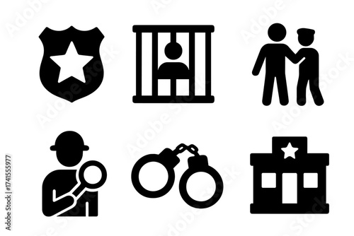 Police Icon Set with Badge, Jail, Arrest, Investigation, Handcuffs, and Police Station. Solid Vector Collection for Law Enforcement, Security, Crime, and Justice Themes.