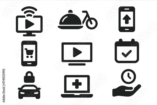 On-demand services solid glyph icon set. Includes streaming, food delivery, online ordering, car rental, telemedicine, video on-demand, booking, and instant access symbols.