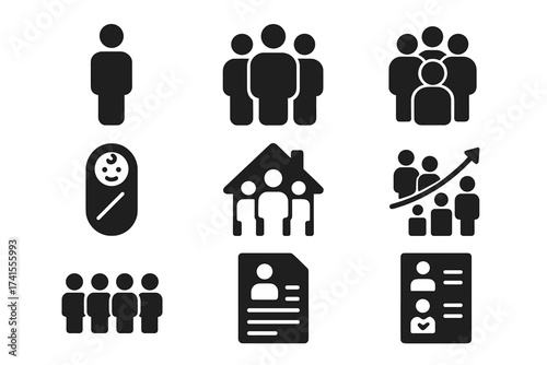 Population icon set featuring demographic symbols, citizen figures, group of people, birth rate indicator, residents, census data, family home, growth chart, and ID profiles in solid vector style