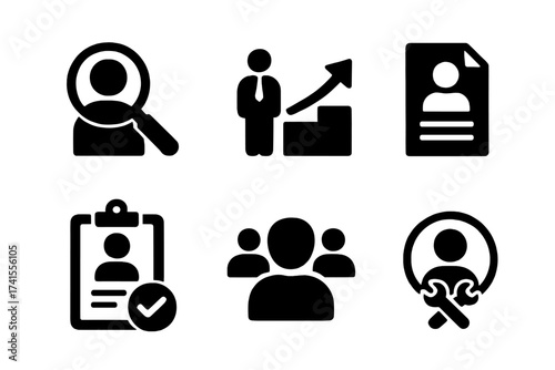 Recruitment icon set with headhunting, career growth, resume, job hiring, candidate profile, human resource management icons, solid vector collection with transparent background