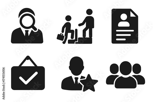 Recruitment icon set with headhunting, career advancement, resume, job hiring, candidate evaluation, human resource management symbols, professional solid vector collection