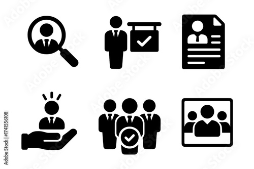 Recruitment icon set for career, headhunting, job hiring, candidate selection, resume evaluation, human resource management, professional networking, solid vector illustration collection