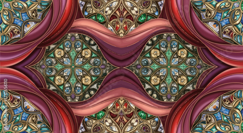 Symmetrical mosaic-like pattern with draped, reddish-purple fabric elements