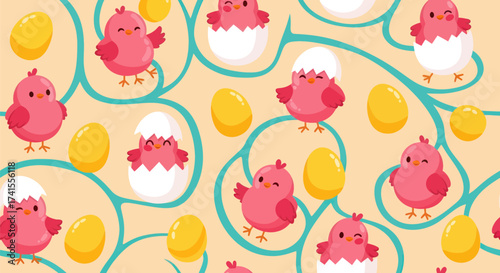 Cute pattern with pink chicks, eggs, and blue lines on a tan background