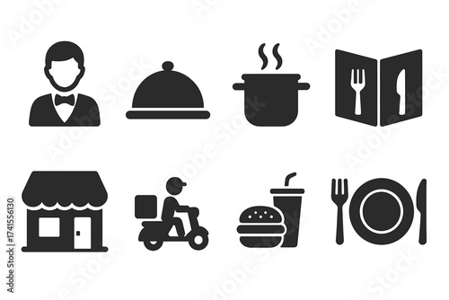 Restaurant icon set including server, meal, cooking pot, menu, restaurant facade, food delivery scooter, fast food burger and drink, dining utensils, food service and delivery concept icons