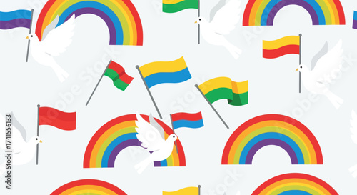 Rainbows, flags, and doves on white