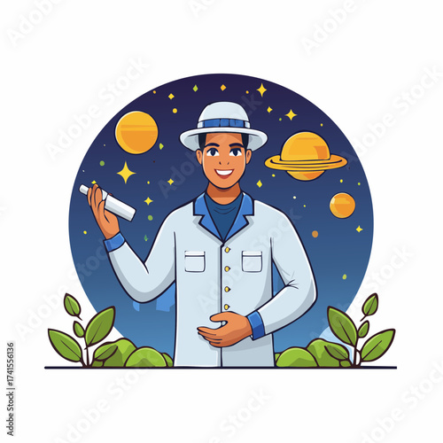 Scientist observing planets with telescope