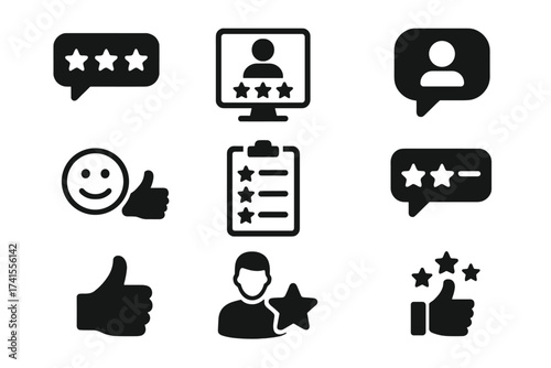 Review icon set collection with feedback, rating, testimonial, satisfaction, comment, opinion, like, customer recommend, approval, star ratings and user satisfaction silhouette symbols