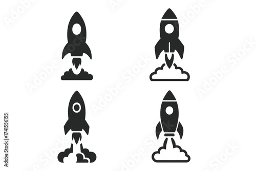 Rocket launch icon set collection with startup symbol, vector illustration of rocket liftoff and space exploration, minimalist black silhouette design with transparent background