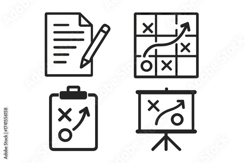 Planning icon set. Business strategy and tactics concept. Vector symbols for project management, analysis, and solution. Presentation, clipboard, and game plan illustrations.