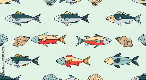 Seamless pattern colorful fish, shells on pale green background