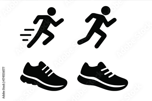 Running icon set with dynamic runner and sleek running shoe symbols. Vector illustration with transparent background. Fitness, sport, jogging, exercise, athletic design, performance