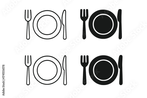 Restaurant icon set with plate, fork, knife. Food, dinner, eating concept. Cutlery, dishware vector illustration. Kitchen utensils, tableware symbols. Line art and solid glyph icons.