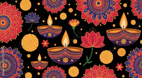 Diwali backdrop with ornate oil lamps, mandala and lotus
