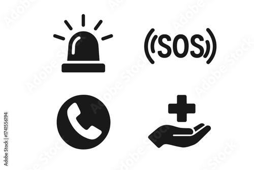 Emergency SOS icon set, including alarm siren, help service signal, phone call symbol, medical support hand with cross, vector illustration with transparent background