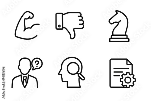 SWOT analysis line icon set, concepts of strengths, weaknesses, opportunities, and threats, including icons for advantage, disadvantage, strategy, consulting, identification, and project management