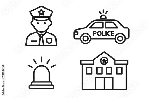 Police icon set. Policeman officer, patrol car, station, and siren symbols. Law enforcement, security, and emergency services vector line art. Justice and protection concept.