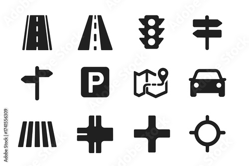 Road Icon Set with Street, Highway, Traffic Light, Signpost, Direction Arrows, Parking, Route Map, GPS Navigation, Car, Crosswalk, Intersections, and Roundabout Symbols, Solid Vector Icons Collection