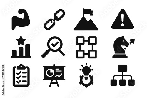 SWOT analysis icon set with strengths, weaknesses, opportunities, threats symbols, advantage, assessment, strategy framework, project planning, business concept solid vector illustrations