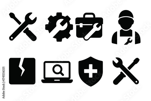 Repair and Maintenance Icon Set with Toolbox, Fix Tools, Assistance, Troubleshoot, Broken Package, Patch, and Skilled Repairman Service Icons, Solid Vector Collection